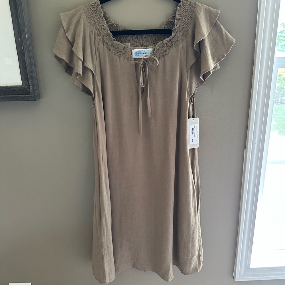 Lizard Thicket Taupe Ruffle Sleeve Mini Dress